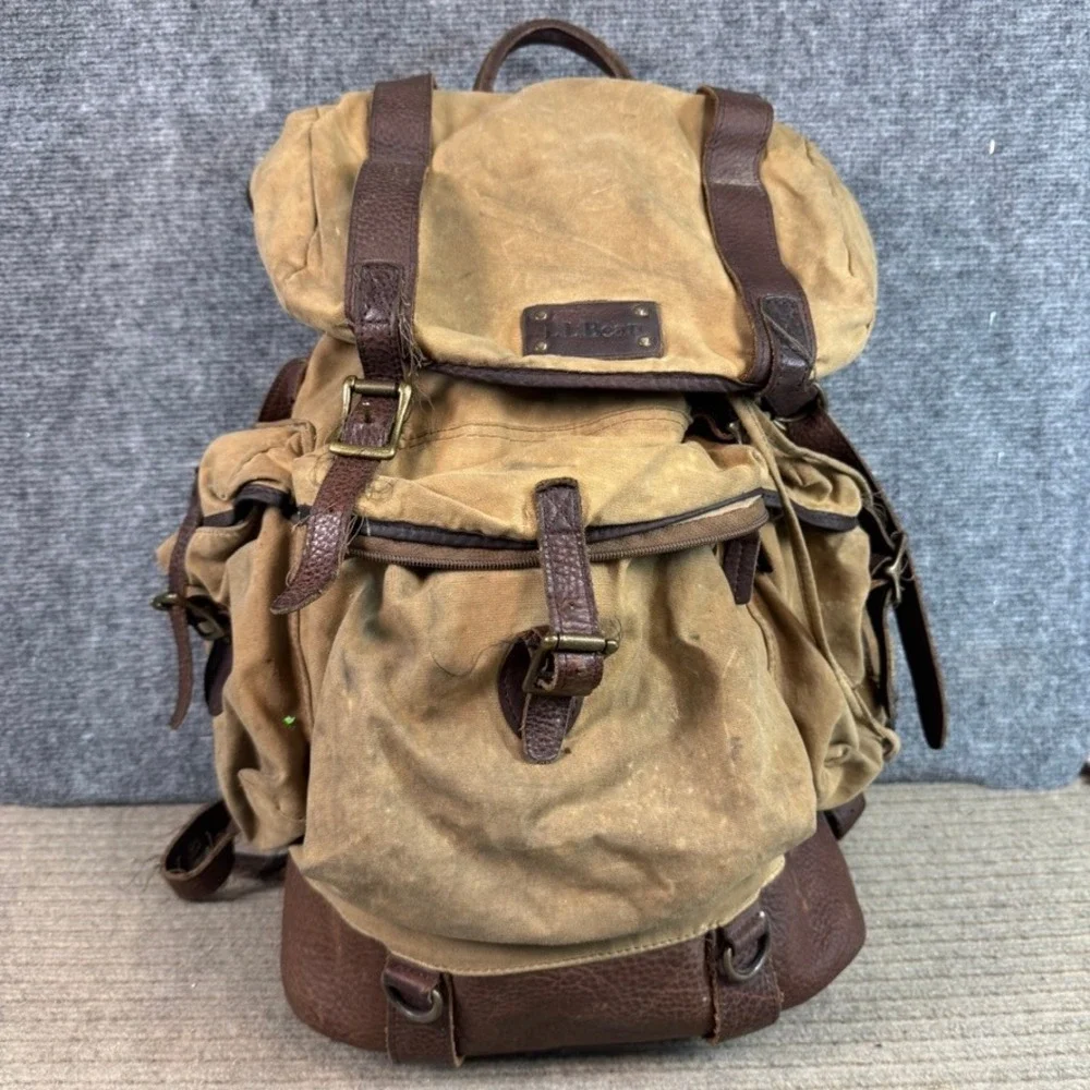 LL Bean Waxed Canvas Leather Rucksack Backpack Brown Tan Outdoor Travel Bag